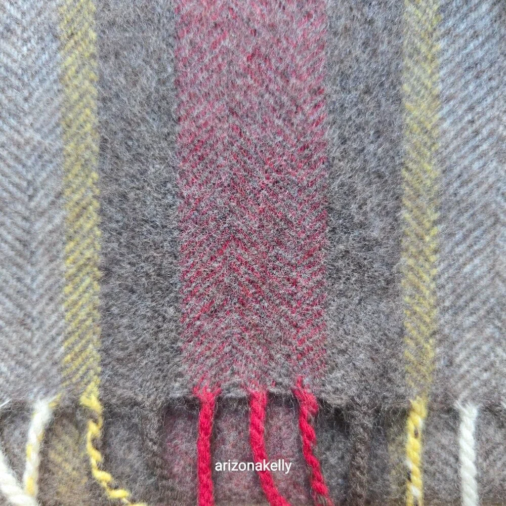 NWOT Wool Herringbone Scarf Brown with Burgundy & Yellow Stripe
